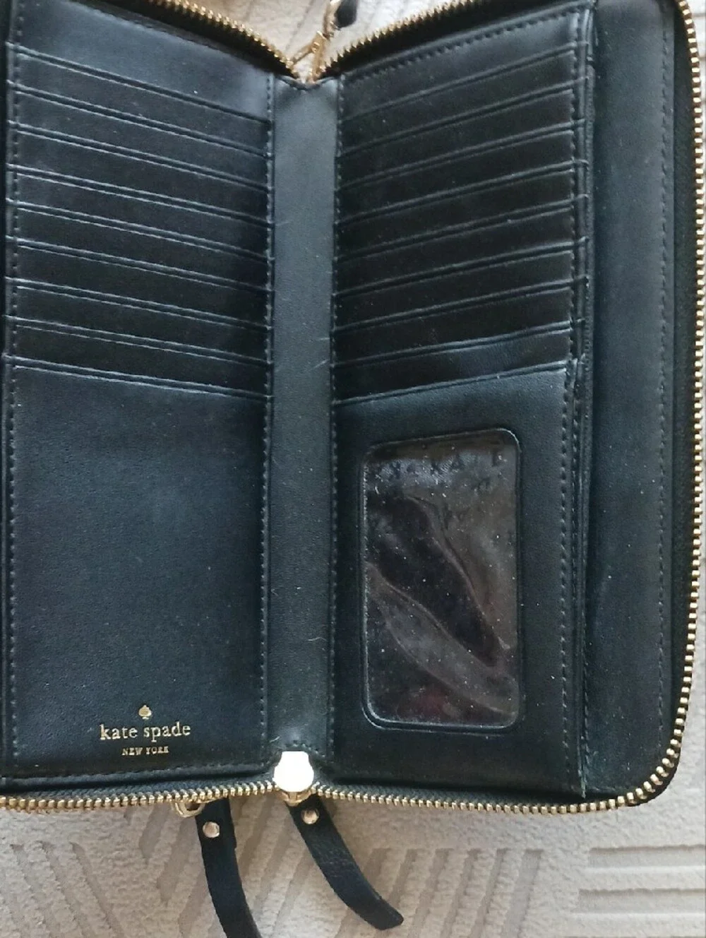 kate spade Black Leather Zip-Around Wristlet Wallet with Gold Logo